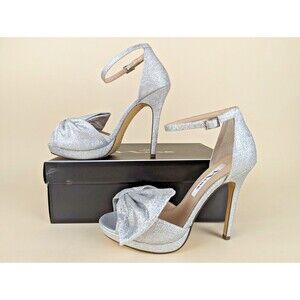 Nina Flosie Bow Stiletto High Heels Womens 7 Silver Glitter Peep Toe Shoes NWB